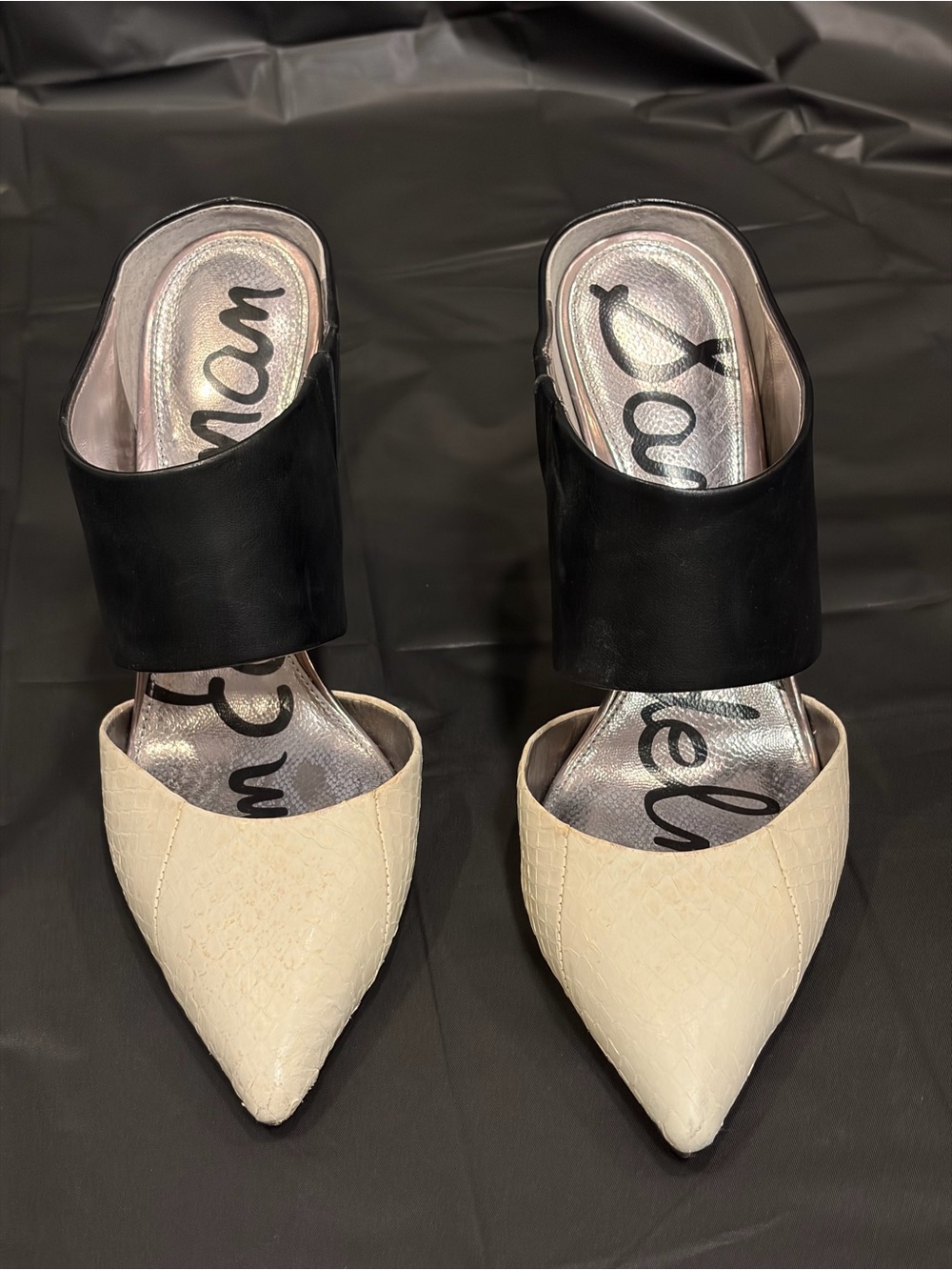 Sam Edelman Two-Tone Black and Cream Pointed Mule Heels